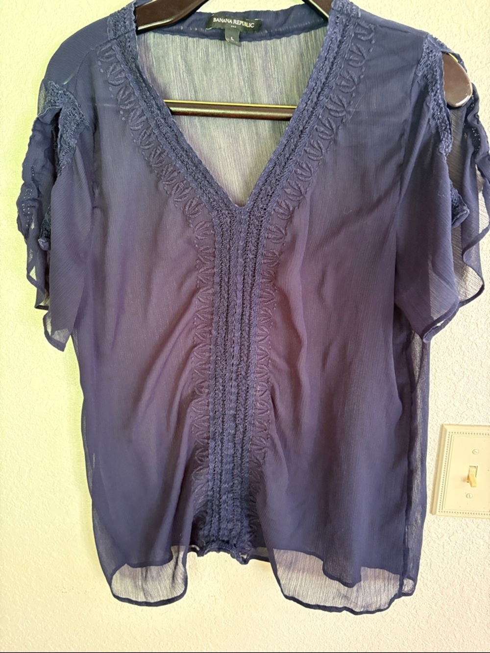 Banana Republic Women's Deep Blue V-Neck Crochet-Trim Blouse